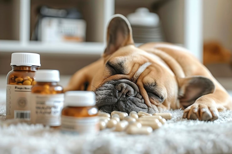 Pet calming supplements helping a dog relax in a peaceful home environment